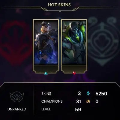 Unranked / NA / BE: 5250 / RP: 0 / CHAMPS: 31 / SKINS: 3 / HANDLEVELED / FULL ACCESS / NO SCAM