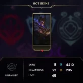 Unranked / NA / BE: 4410 / RP: 205 / CHAMPS: 22 / SKINS: 8 / HANDLEVELED / FULL ACCESS / NO SCAM