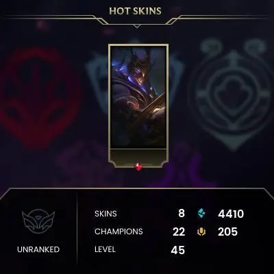 Unranked / NA / BE: 4410 / RP: 205 / CHAMPS: 22 / SKINS: 8 / HANDLEVELED / FULL ACCESS / NO SCAM