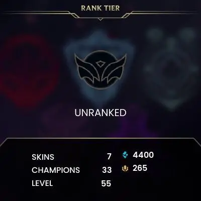 Unranked / NA / BE: 4400 / RP: 265 / CHAMPS: 33 / SKINS: 7 / HANDLEVELED / FULL ACCESS / NO SCAM