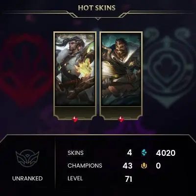 Unranked / NA / BE: 4020 / RP: 0 / CHAMPS: 43 / SKINS: 4 / HANDLEVELED / FULL ACCESS / NO SCAM