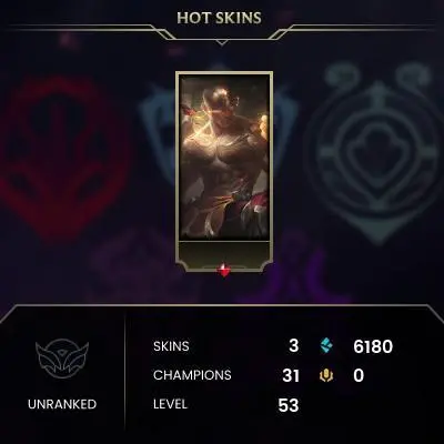 Unranked / NA / BE: 6180 / RP: 0 / CHAMPS: 31 / SKINS: 3 / HANDLEVELED / FULL ACCESS / NO SCAM