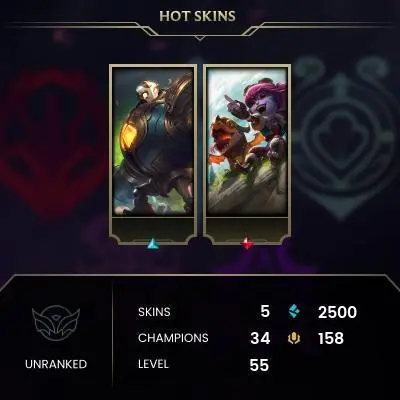 Unranked / NA / BE: 2500 / RP: 158 / CHAMPS: 34 / SKINS: 5 / HANDLEVELED / FULL ACCESS / NO SCAM