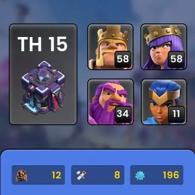 TH15| LVL196| Heroes(K58 Q58 M41 W34 R11) | 12BM| 2474War Stars| C148