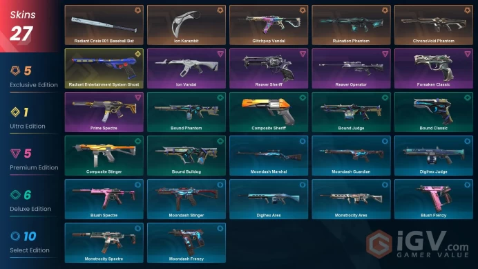 [AP] - SKINS 27 - KNIFE 2 - Radiant Entertainment System Ghost - Ion Karambit - Radiant Crisis 001 Baseball Bat - FULL ACCESS - INSTANT DELIVERY