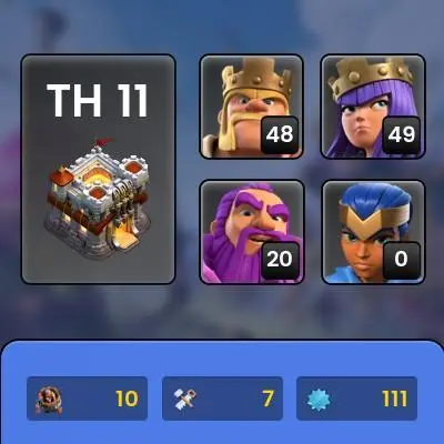 TH 11 / LeveL 111 / Gems 1159 / Heroes (47 49 28 20) / CN 500 / cod 66