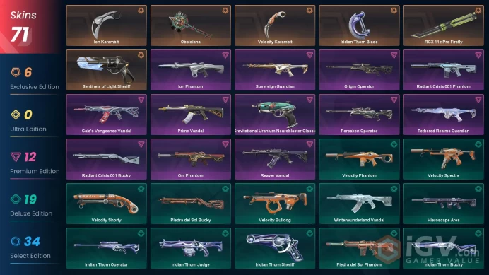 EU 71 skins | RGX 11z Pro Firefly | Ion Karambit | Sentinels of Light Sheriff | Forsaken Operator | Origin Operator | Prime Vandal | Oni Phantom