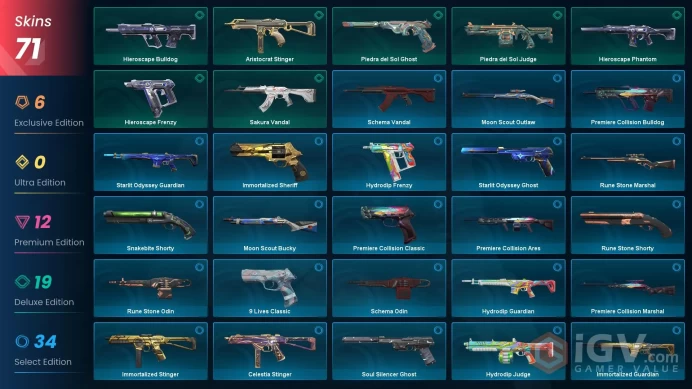 EU 71 skins | RGX 11z Pro Firefly | Ion Karambit | Sentinels of Light Sheriff | Forsaken Operator | Origin Operator | Prime Vandal | Oni Phantom