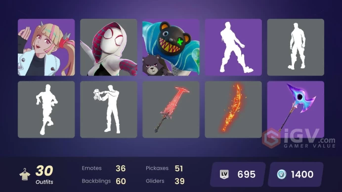 [PC-PSN-XBOX]30 SKIN-51 PICKAXE-39 GLIDER-36 EMOTE-FULL ACCESS-