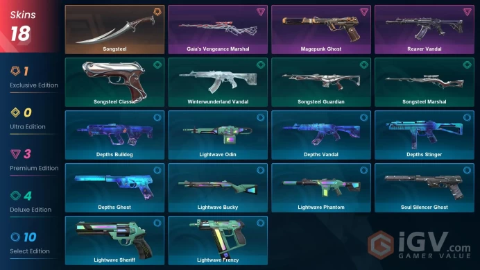EU | 18 Skins + 1 Knife + 4 Paid | Songsteel+Vandal "Reaper"+Marshal "Retribution of the Earth"+Ghost "Charopunk"+No phone/4