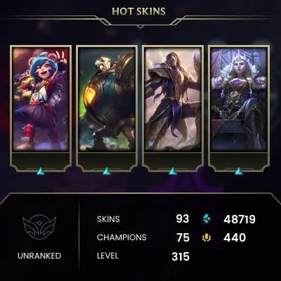 EMAIL CHANGEABLE - EUW - 75 CHAMPIONS - 93 SKINS - 48719 BE - HAND LEVELED - INACTIVE - SAFE 100% - WARRANTY - ULTRA RARE SKINS