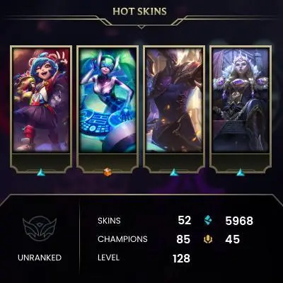 EMAIL CHANGEABLE - EUW - 85 CHAMPIONS - 52 SKINS - 5968 BE - HAND LEVELED - INACTIVE - SAFE 100% - WARRANTY - ULTRA RARE SKINS