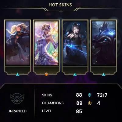 EMAIL CHANGEABLE - EUW - 89 CHAMPIONS - 88 SKINS - 7317 BE - HAND LEVELED - INACTIVE - SAFE 100% - WARRANTY - ULTRA RARE SKINS