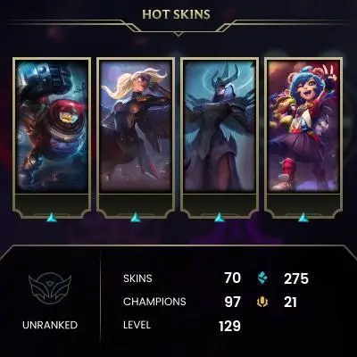 EMAIL CHANGEABLE - EUW - 97 CHAMPIONS - 70 SKINS - 275 BE - HAND LEVELED - INACTIVE - SAFE 100% - WARRANTY - ULTRA RARE SKINS