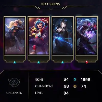 EMAIL CHANGEABLE - EUW - 98 CHAMPIONS - 64 SKINS - 1696 BE - HAND LEVELED - INACTIVE - SAFE 100% - WARRANTY - ULTRA RARE SKINS