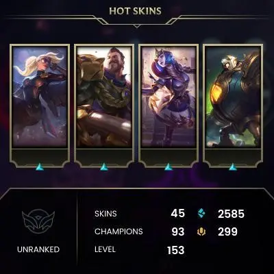 EMAIL CHANGEABLE - EUW - 93 CHAMPIONS - 45 SKINS - 2585 BE - HAND LEVELED - INACTIVE - SAFE 100% - WARRANTY - ULTRA RARE SKINS