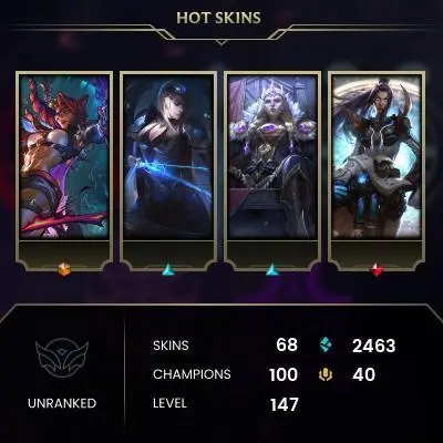 EMAIL CHANGEABLE - EUW - 100 CHAMPIONS - 68 SKINS - 2463 BE - HAND LEVELED - INACTIVE - SAFE 100% - WARRANTY - ULTRA RARE SKINS