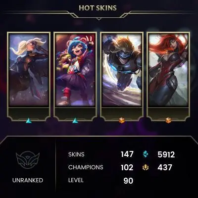 EMAIL CHANGEABLE - EUW - 102 CHAMPIONS - 147 SKINS - 5912 BE - HAND LEVELED - INACTIVE - SAFE 100% - WARRANTY - ULTRA RARE SKINS