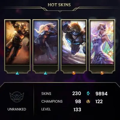 EMAIL CHANGEABLE - EUW - 98 CHAMPIONS - 230 SKINS - 9894 BE - HAND LEVELED - INACTIVE - SAFE 100% - WARRANTY - ULTRA RARE SKINS