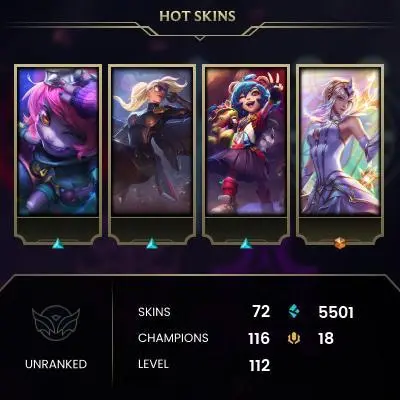 EMAIL CHANGEABLE - EUW - 116 CHAMPIONS - 72 SKINS - 5501 BE - HAND LEVELED - INACTIVE - SAFE 100% - WARRANTY - ULTRA RARE SKINS