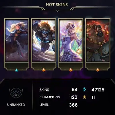 EMAIL CHANGEABLE - EUW - 120 CHAMPIONS - 94 SKINS - 47125 BE - HAND LEVELED - INACTIVE - SAFE 100% - WARRANTY - ULTRA RARE SKINS