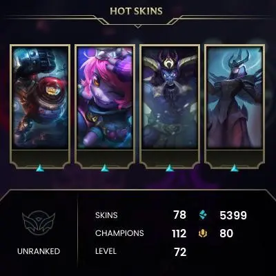 EMAIL CHANGEABLE - EUW - 112 CHAMPIONS - 78 SKINS - 5399 BE - HAND LEVELED - INACTIVE - SAFE 100% - WARRANTY - ULTRA RARE SKINS