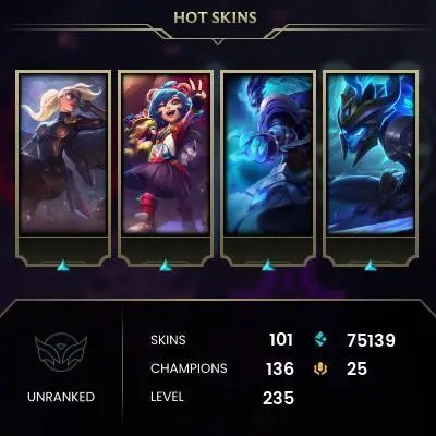 EMAIL CHANGEABLE - EUW - 136 CHAMPIONS - 101 SKINS - 75139 BE - HAND LEVELED - INACTIVE - SAFE 100% - WARRANTY - ULTRA RARE SKINS