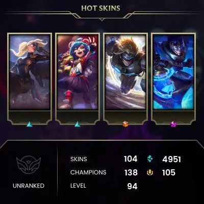 EMAIL CHANGEABLE - EUW - 138 CHAMPIONS - 104 SKINS - 4951 BE - HAND LEVELED - INACTIVE - SAFE 100% - WARRANTY - ULTRA RARE SKINS