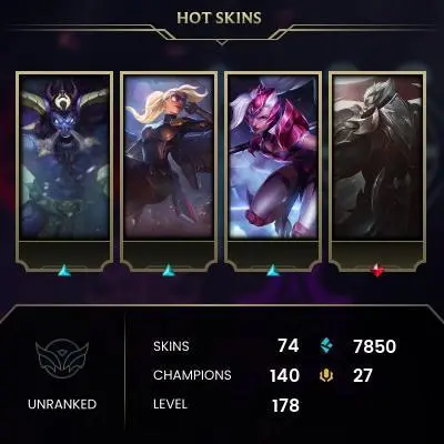 EMAIL CHANGEABLE - EUW - 140 CHAMPIONS - 74 SKINS - 7850 BE - HAND LEVELED - INACTIVE - SAFE 100% - WARRANTY - ULTRA RARE SKINS
