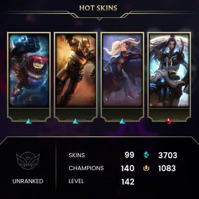 EMAIL CHANGEABLE - EUW - 140 CHAMPIONS - 99 SKINS - 3703 BE - HAND LEVELED - INACTIVE - SAFE 100% - WARRANTY - ULTRA RARE SKINS