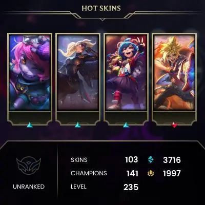 EMAIL CHANGEABLE - EUW - 141 CHAMPIONS - 103 SKINS - 3716 BE - HAND LEVELED - INACTIVE - SAFE 100% - WARRANTY - ULTRA RARE SKINS