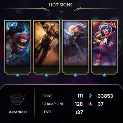 EMAIL CHANGEABLE - EUW - 128 CHAMPIONS - 111 SKINS - 33853 BE - HAND LEVELED - INACTIVE - SAFE 100% - WARRANTY - ULTRA RARE SKINS