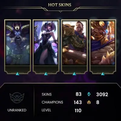 EMAIL CHANGEABLE - EUW - 143 CHAMPIONS - 83 SKINS - 3092 BE - HAND LEVELED - INACTIVE - SAFE 100% - WARRANTY - ULTRA RARE SKINS