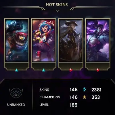 EMAIL CHANGEABLE - EUW - 146 CHAMPIONS - 148 SKINS - 2381 BE - HAND LEVELED - INACTIVE - SAFE 100% - WARRANTY - ULTRA RARE SKINS
