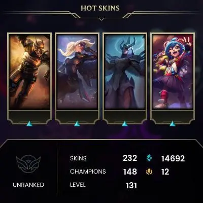 EMAIL CHANGEABLE - EUW - 148 CHAMPIONS - 232 SKINS - 14692 BE - HAND LEVELED - INACTIVE - SAFE 100% - WARRANTY - ULTRA RARE SKINS