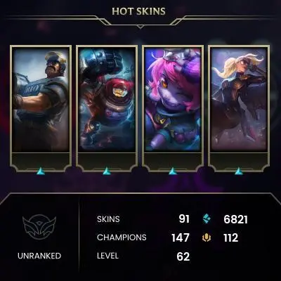 EMAIL CHANGEABLE - EUW - 147 CHAMPIONS - 91 SKINS - 6821 BE - HAND LEVELED - INACTIVE - SAFE 100% - WARRANTY - ULTRA RARE SKINS