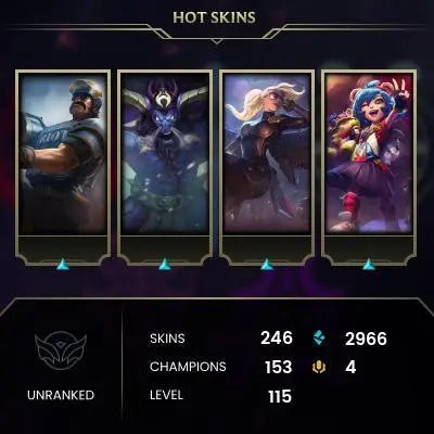 EMAIL CHANGEABLE - EUW - 153 CHAMPIONS - 246 SKINS - 2966 BE - HAND LEVELED - INACTIVE - SAFE 100% - WARRANTY - ULTRA RARE SKINS