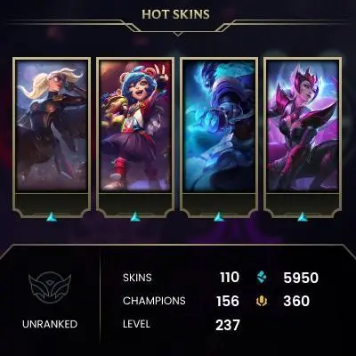 EMAIL CHANGEABLE - EUW - 156 CHAMPIONS - 110 SKINS - 5950 BE - HAND LEVELED - INACTIVE - SAFE 100% - WARRANTY - ULTRA RARE SKINS