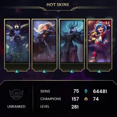 EMAIL CHANGEABLE - EUW - 157 CHAMPIONS - 75 SKINS - 64481 BE - HAND LEVELED - INACTIVE - SAFE 100% - WARRANTY - ULTRA RARE SKINS
