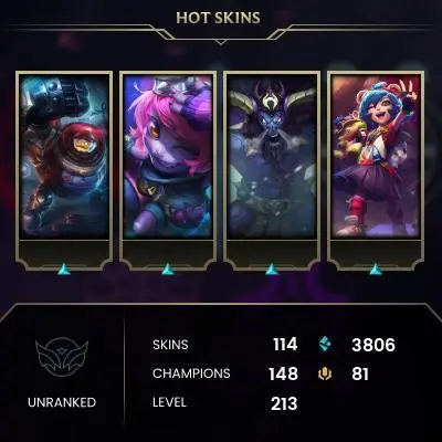 EMAIL CHANGEABLE - EUW - 148 CHAMPIONS - 114 SKINS - 3806 BE - HAND LEVELED - INACTIVE - SAFE 100% - WARRANTY - ULTRA RARE SKINS