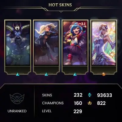 EMAIL CHANGEABLE - EUW - 160 CHAMPIONS - 232 SKINS - 93633 BE - HAND LEVELED - INACTIVE - SAFE 100% - WARRANTY - ULTRA RARE SKINS