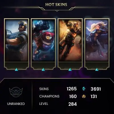 EMAIL CHANGEABLE - EUW - 160 CHAMPIONS - 1265 SKINS - 3691 BE - HAND LEVELED - INACTIVE - SAFE 100% - WARRANTY - ULTRA RARE SKINS