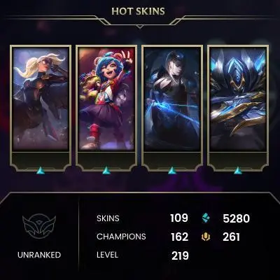 EMAIL CHANGEABLE - EUW - 162 CHAMPIONS - 109 SKINS - 5280 BE - HAND LEVELED - INACTIVE - SAFE 100% - WARRANTY - ULTRA RARE SKINS