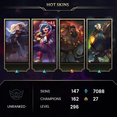 EMAIL CHANGEABLE - EUW - 162 CHAMPIONS - 147 SKINS - 7088 BE - HAND LEVELED - INACTIVE - SAFE 100% - WARRANTY - ULTRA RARE SKINS