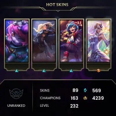 EMAIL CHANGEABLE - EUW - 163 CHAMPIONS - 89 SKINS - 569 BE - HAND LEVELED - INACTIVE - SAFE 100% - WARRANTY - ULTRA RARE SKINS