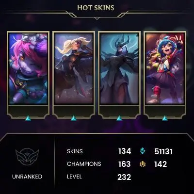 EMAIL CHANGEABLE - EUW - 163 CHAMPIONS - 134 SKINS - 51131 BE - HAND LEVELED - INACTIVE - SAFE 100% - WARRANTY - ULTRA RARE SKINS