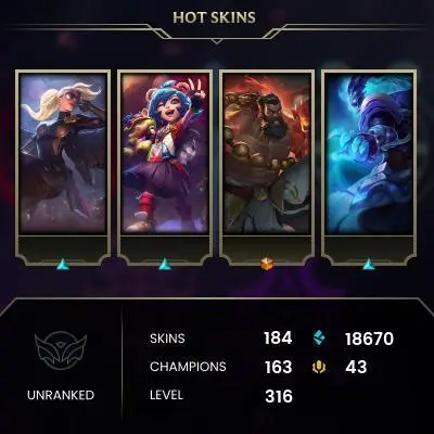 EMAIL CHANGEABLE - EUW - 163 CHAMPIONS - 184 SKINS - 18670 BE - HAND LEVELED - INACTIVE - SAFE 100% - WARRANTY - ULTRA RARE SKINS