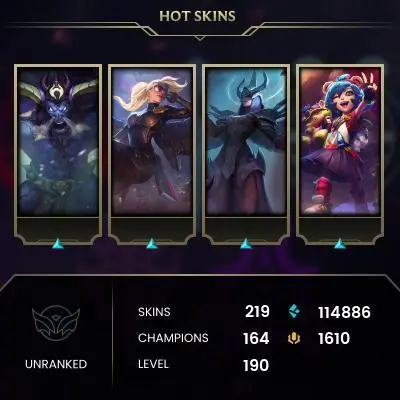 EMAIL CHANGEABLE - EUW - 164 CHAMPIONS - 219 SKINS - 114886 BE - HAND LEVELED - INACTIVE - SAFE 100% - WARRANTY - ULTRA RARE SKINS