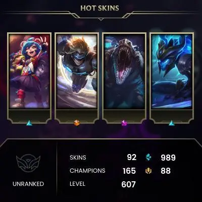 EMAIL CHANGEABLE - EUW - 165 CHAMPIONS - 91 SKINS - 989 BE - HAND LEVELED - INACTIVE - SAFE 100% - WARRANTY - ULTRA RARE SKINS