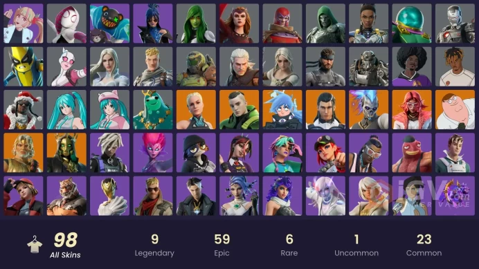 PC/PSN/XBOX/SWITCH 97 SKINS:NEZUMI,PETER GRIFFIN,THE AGELESS,VALERIA,HADES,ZEUS,PEELVERINE,CIRI,CAPTAIN JONES,DOOM,EMMA FROST,KENDO